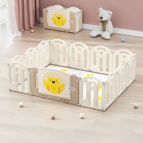 Bear Beige white Color Foldable Playpen, Baby Safety Play Yard With Fence Indoor Toys With Play mat 12panel and 1 play mat