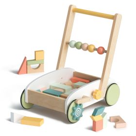 Wooden Baby Walker with Building Blocks; Push Toys for Babies Learning to Walk