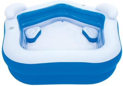 84 in. L x 82 in. W x 27 in. H Blue 2-Seat Rectangle Inflatable Pool Family Paddling Pool with Headrest Cup Holder
