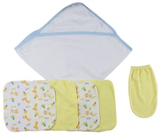 Blue Hooded Towel, Washcloths and Hand Washcloth Mitt - 6 pc Set (Color: White/Blue, size: Newborn)