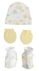 Baby Boy, Baby Girl, Unisex Infant Caps, Booties, Mittens - 3 pc Set (Color: White/Yellow, size: Newborn)