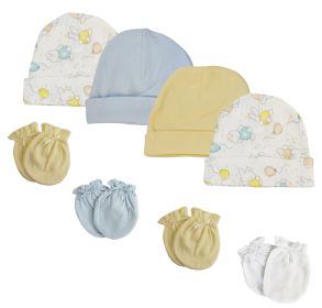 Boys Baby Caps and Mittens (Pack of 8) (Color: White/Blue, size: Newborn)
