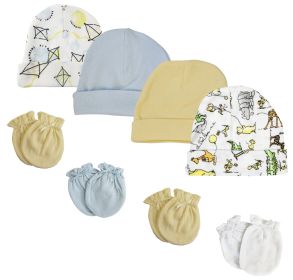 Baby Boys Caps and Mittens (Pack of 8) (Color: White/Blue, size: Newborn)