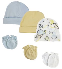 Baby Boys Caps and Mittens (Pack of 6) (Color: White/Blue, size: Newborn)