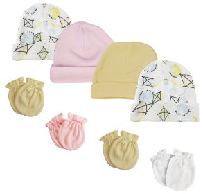 Baby Girls Caps and Mittens (Pack of 8) (Color: White/Pink, size: Newborn)