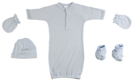 Preemie Gown, Cap, Mittens and Booties - 4 pc Set (Color: Blue, size: Preemie)