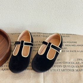 Autumn And Winter Sweet Velvet Children's Leather Shoes T-shaped Pumps Retro (Option: Black-Size 23)