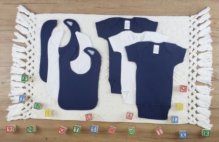 6 Pc Layette Baby Clothes Set (Color: White/Navy, size: medium)