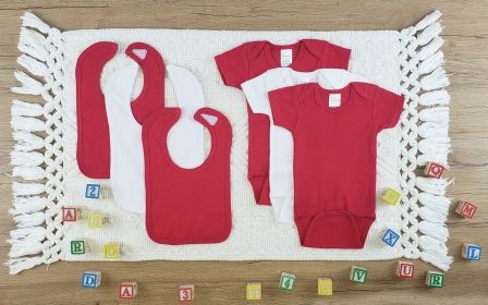 6 Pc Layette Baby Clothes Set (Color: White/Red, size: medium)