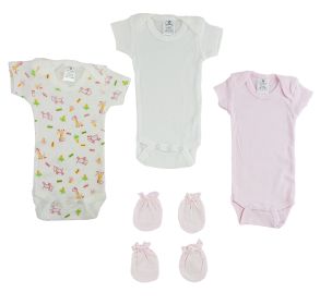 Preemie Onezies and Mittens - 5 Pcs Set (Color: pink, size: Preemie)