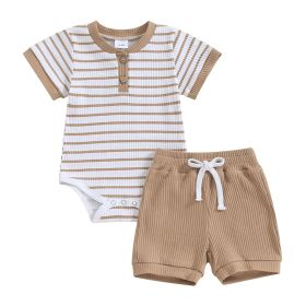 Baby Jumpsuit Short Sleeve Toddler Jumpsuit Romper Shorts Suit (Option: Camel Stripes-12to18m)
