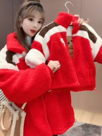 Parent-child Clothing For A Family Of Three In Winter With Wool Thickened Lamb Coat (Option: Red-AdultM)