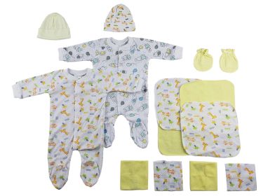 Sleep-n-Plays, Caps, Mittens and Washcloths - 14 pc Set (Color: White/Yellow, size: Newborn)