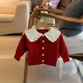 Girls' Korean Style Lapel Cardigan Sweater (Option: Red-80cm90cm100cm110cm120cm)
