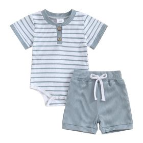 Baby Jumpsuit Short Sleeve Toddler Jumpsuit Romper Shorts Suit (Option: Blue Stripe-12to18m)
