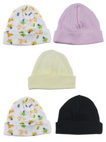 Girls Baby Cap (Pack of 5) (Color: Yellow/Black/Pink/Print, size: One Size)