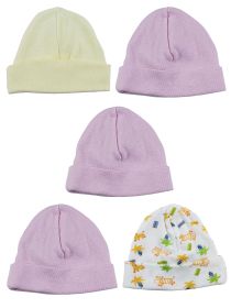 Girls Baby Cap (Pack of 5) (Color: Yellow/Pink/Print, size: One Size)