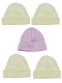Girls Baby Cap (Pack of 5) (Color: Yellow/Pink, size: One Size)