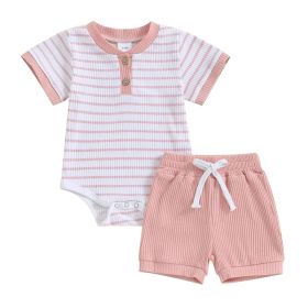 Baby Jumpsuit Short Sleeve Toddler Jumpsuit Romper Shorts Suit (Option: Pink Stripe-12to18m)