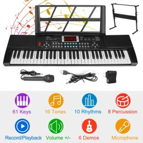 61 Keys Digital Music Electronic Keyboard Electric Musical Piano Instrument Kids Learning Keyboard w/ Stand Microphone (Color: Black)
