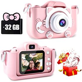 Kids Selfie Camera;  Kids Camera Toys For 3-12 Year Old Boys/Girls; Kids Digital Camera With Video; Christmas Birthday Festival Gifts For Kids ; 32GB (Color: Pink-cat)