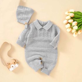 Baby Solid Color Crochet Knit Design Lapel Knit Jumpsuit (Color: Grey, Size/Age: 80 (9-12M))