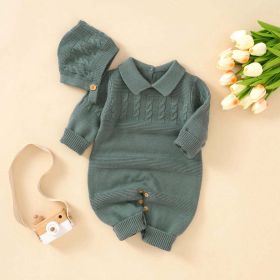 Baby Solid Color Crochet Knit Design Lapel Knit Jumpsuit (Color: Green, Size/Age: 73 (6-9M))