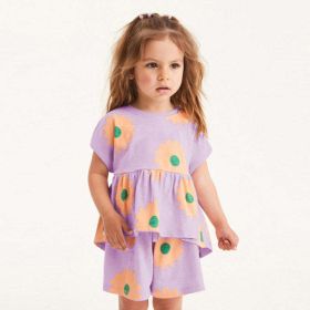 Baby Girl Flower Graphic Short Sleeve Summer Sets (Color: Purple, Size/Age: 120 (5-7Y))