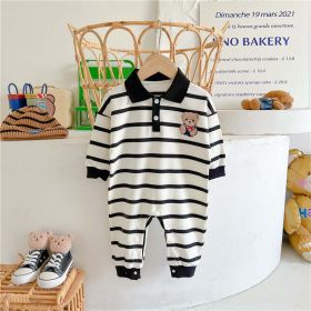 Baby Cartoon Bear Print & Striped Pattern Polo Neck Long Sleeve Romper (Color: White, Size/Age: 80 (9-12M))