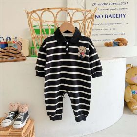 Baby Cartoon Bear Print & Striped Pattern Polo Neck Long Sleeve Romper (Color: Black, Size/Age: 73 (6-9M))