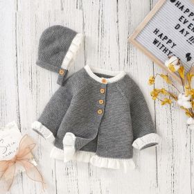 Baby 1pcs Solid Color Lace Design Knitted Cardigan (Color: Grey, Size/Age: 90 (12-24M))