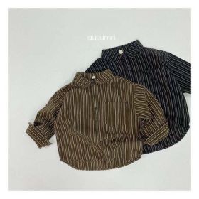 Baby Striped Pattern Quarter Button Design Latest Lapel Shirt (Color: Black, Size/Age: 130 (7-8Y))