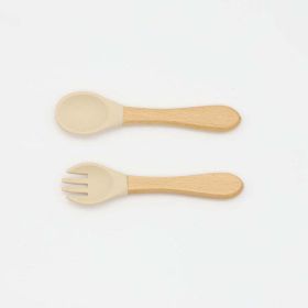 Baby Food Grade Wooden Handles Silicone Spoon Fork Cutlery (Color: Apricot, Size/Age: Average Size (0-8Y))