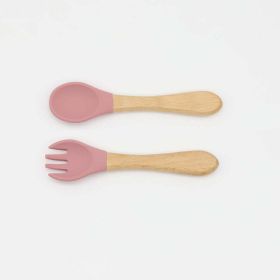 Baby Food Grade Wooden Handles Silicone Spoon Fork Cutlery (Color: Red, Size/Age: Average Size (0-8Y))