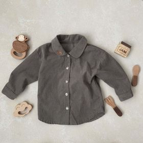 Baby Boy Solid Color Bear Patched Pattern Single Breasted Design Lapel Long Sleeves Shirt (Color: Coffee, Size/Age: 90 (12-24M))