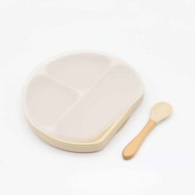 Baby Silicone Compartment Plate With Wooden Spoon (Color: Beige, Size/Age: Average Size (0-8Y))