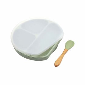 Baby Silicone Compartment Plate With Wooden Spoon (Color: Light Green, Size/Age: Average Size (0-8Y))