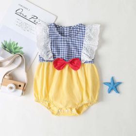 Baby Girl Plaid Pattern Lace Patchwork Bow Sleeveless Princess Onesies In Summer (Color: Yellow, Size/Age: 80 (9-12M))