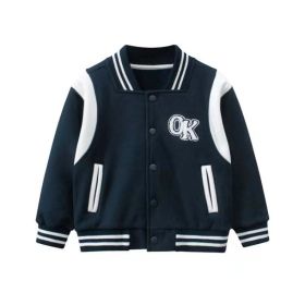 Baby Boy Letters Embroidered Pattern Contrast Design Baseball Coat (Color: Navy Blue, Size/Age: 110 (3-5Y))