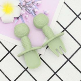 Baby Bear Pattern Complementary Food Training Lovely Silicone Spoon Fork Sets (Color: Light Green, Size/Age: Average Size (0-8Y))
