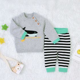 Baby Boy Cartoon Animal Embroidered Pattern Shoulder Button Design Pullover Sweater & Striped Trousers Sets (Color: Grey, Size/Age: 100 (2-3Y))