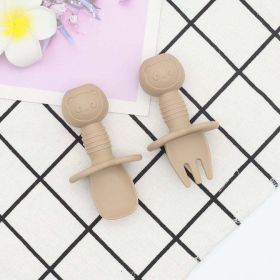 Baby Bear Pattern Complementary Food Training Lovely Silicone Spoon Fork Sets (Color: Khaki, Size/Age: Average Size (0-8Y))