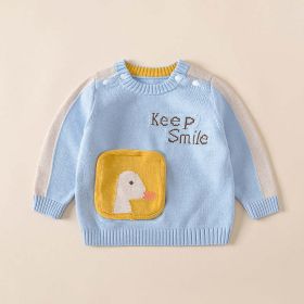 Baby Cartoon Duck Graphic Contrast Design Long Sleeved Cute Knitted Sweater (Color: Blue, Size/Age: 90 (12-24M))