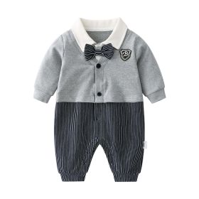 Baby Boy Badge Patched Pattern Striped Contrast Design Snap Button Front Bow Tie Rompers (Color: Grey, Size/Age: 80 (9-12M))