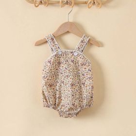 Baby Girl Floral Print Pattern Solid Color Sleeveless Onesies In Summer Outfit Wearing (Color: Apricot, Size/Age: 90 (12-24M))