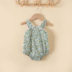 Baby Girl Floral Print Pattern Solid Color Sleeveless Onesies In Summer Outfit Wearing (Color: Blue, Size/Age: 73 (6-9M))
