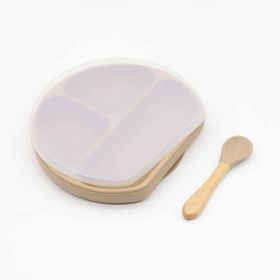 Baby Silicone Compartment Plate With Wooden Spoon (Color: Khaki, Size/Age: Average Size (0-8Y))