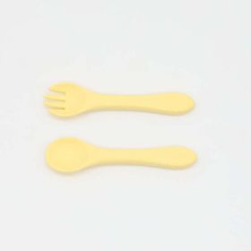 Baby Food Grade Complementary Food Training Silicone Spoon Fork Sets (Color: Light Yellow, Size/Age: Average Size (0-8Y))