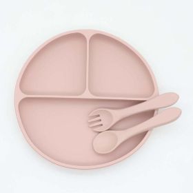 Baby Silicone Round Sucker Compartment Dinner Plate With Spoon Fork Sets (Color: Light Pink, Size/Age: Average Size (0-8Y))