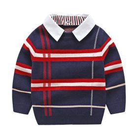 Baby Boy Striped Pattern False 1 Pieces Sweater With Detachable Shirt Neck (Color: Navy Blue, Size/Age: 130 (7-8Y))
